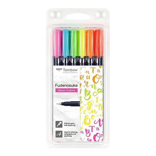 Tombow Fudenosuke WS-BH Calligraphy Brush Pen Hard, 6 set Neon