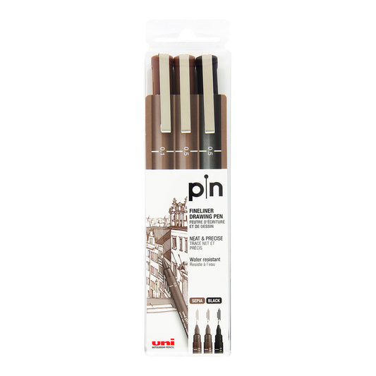 Uni Pin Fine Line Pens 3 Set, Sepia & Black