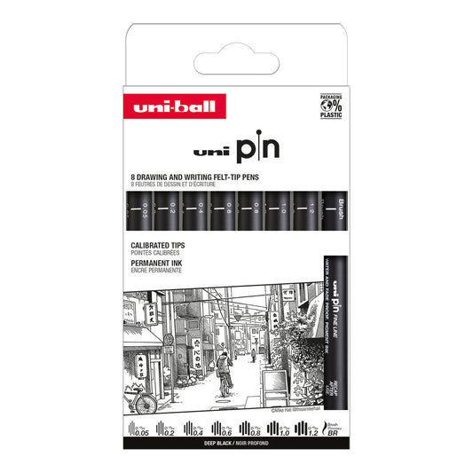Uni Pin Fine Line Pens Classic-2 8 Set, Black